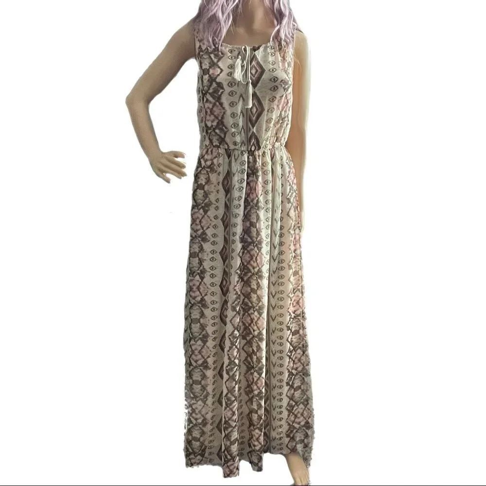 Vero Moda VM Marrakech Sleeveless Lined Maxi Dress Olive Pink Cream Size Small